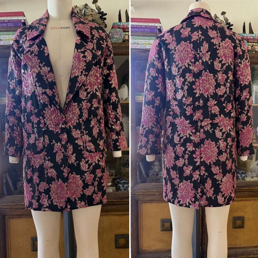 FOR LOVE AND LEMONS Floral Pink and Black Women's Dressy Coat